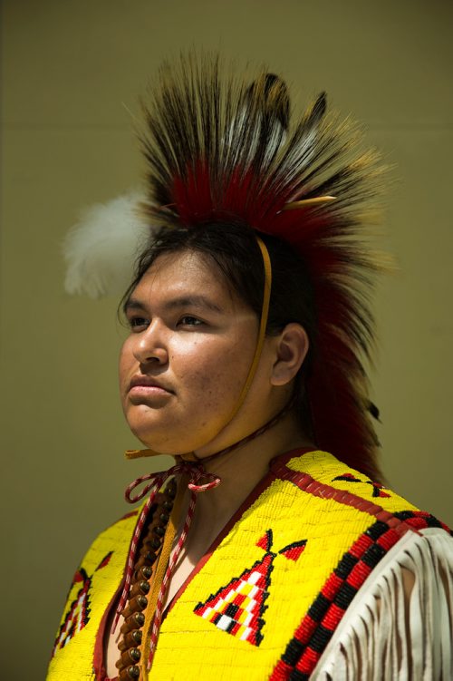 MIKAELA MACKENZIE / WINNIPEG FREE PRESS
Traditional dancer Evan Bird poses for a portrait after Indigenous Peoples Day festivities at the University of Manitoba Bannatyne campus in Winnipeg on Thursday, June 21, 2018. 
Mikaela MacKenzie / Winnipeg Free Press 2018.