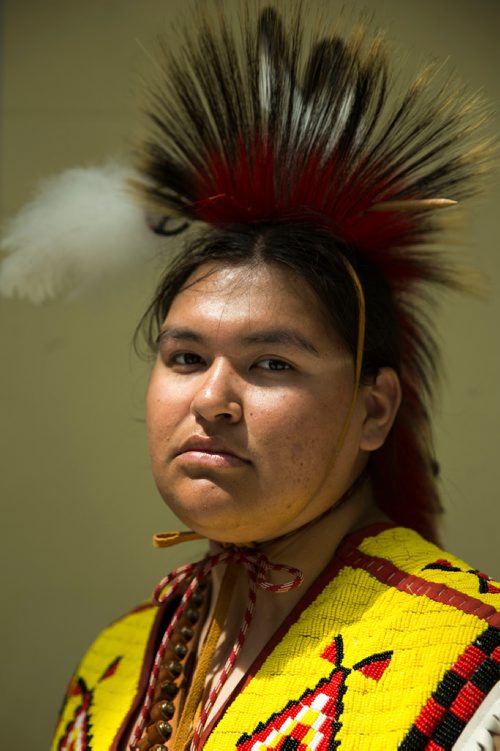 MIKAELA MACKENZIE / WINNIPEG FREE PRESS
Traditional dancer Evan Bird poses for a portrait after Indigenous Peoples Day festivities at the University of Manitoba Bannatyne campus in Winnipeg on Thursday, June 21, 2018. 
Mikaela MacKenzie / Winnipeg Free Press 2018.