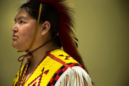 MIKAELA MACKENZIE / WINNIPEG FREE PRESS
Traditional dancer Evan Bird poses for a portrait after Indigenous Peoples Day festivities at the University of Manitoba Bannatyne campus in Winnipeg on Thursday, June 21, 2018. 
Mikaela MacKenzie / Winnipeg Free Press 2018.