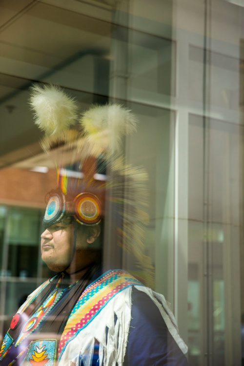 MIKAELA MACKENZIE / WINNIPEG FREE PRESS
Grass dancer Wayne Ruby poses for a portrait after Indigenous Peoples Day festivities at the University of Manitoba Bannatyne campus in Winnipeg on Thursday, June 21, 2018. 
Mikaela MacKenzie / Winnipeg Free Press 2018.