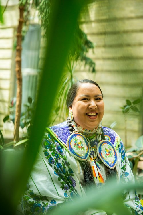 MIKAELA MACKENZIE / WINNIPEG FREE PRESS
Fancy shawl dancer Robin Parisian poses for a portrait after Indigenous Peoples Day festivities at the University of Manitoba Bannatyne campus in Winnipeg on Thursday, June 21, 2018. 
Mikaela MacKenzie / Winnipeg Free Press 2018.