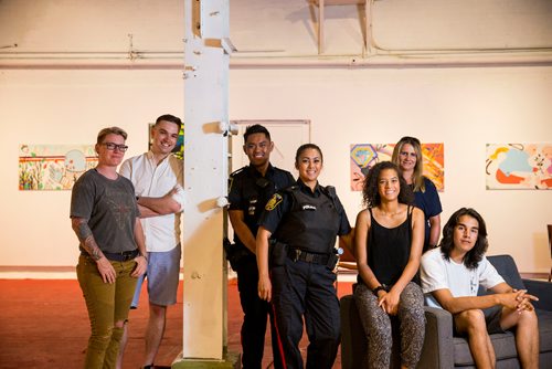 MIKAELA MACKENZIE / WINNIPEG FREE PRESS
Tracy Patterson (left), Brian Hunter, Orlando Buduhan, Maria Buduhan, Bria Fernandes, Shaunna Neufeld, and Rene Marriott pose at the Graffiti Gallery in Winnipeg on Thursday, June 21, 2018. Graffiti Gallery's new exhibit, Intersections, is opening soon showcasing the work created in partnership with Graffiti Art Programming and the Winnipeg Police Service.
Mikaela MacKenzie / Winnipeg Free Press 2018.