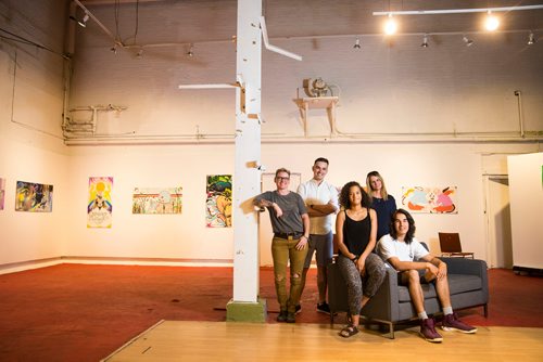 MIKAELA MACKENZIE / WINNIPEG FREE PRESS
Tracy Patterson (left), Brian Hunter, Bria Fernandes, Shaunna Neufeld, and Rene Marriott pose at the Graffiti Gallery in Winnipeg on Thursday, June 21, 2018. Graffiti Gallery's new exhibit, Intersections, is opening soon showcasing the work created in partnership with Graffiti Art Programming and the Winnipeg Police Service.
Mikaela MacKenzie / Winnipeg Free Press 2018.