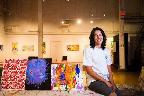MIKAELA MACKENZIE / WINNIPEG FREE PRESS
Rene Marriott poses with his art at the Graffiti Gallery in Winnipeg on Thursday, June 21, 2018. Graffiti Gallery's new exhibit, Intersections, is opening soon showcasing the work created in partnership with Graffiti Art Programming and the Winnipeg Police Service.
Mikaela MacKenzie / Winnipeg Free Press 2018.