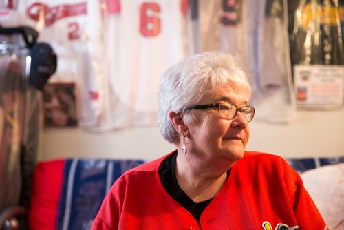 MIKAELA MACKENZIE / WINNIPEG FREE PRESS
Brenda Arnott in her basement, which is devoted to Goldeyes paraphernalia, in Winnipeg on Friday, June 22, 2018. 
Mikaela MacKenzie / Winnipeg Free Press 2018.