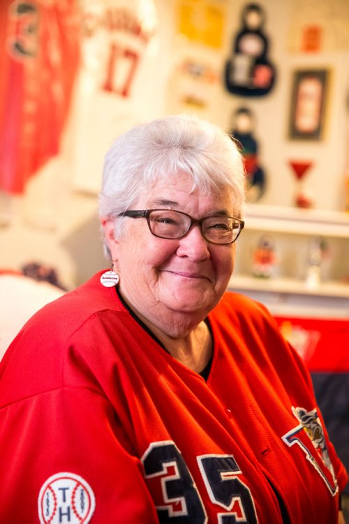 MIKAELA MACKENZIE / WINNIPEG FREE PRESS
Brenda Arnott in her basement, which is devoted to Goldeyes paraphernalia, in Winnipeg on Friday, June 22, 2018. 
Mikaela MacKenzie / Winnipeg Free Press 2018.