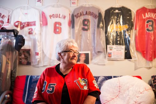 MIKAELA MACKENZIE / WINNIPEG FREE PRESS
Brenda Arnott in her basement, which is devoted to Goldeyes paraphernalia, in Winnipeg on Friday, June 22, 2018. 
Mikaela MacKenzie / Winnipeg Free Press 2018.