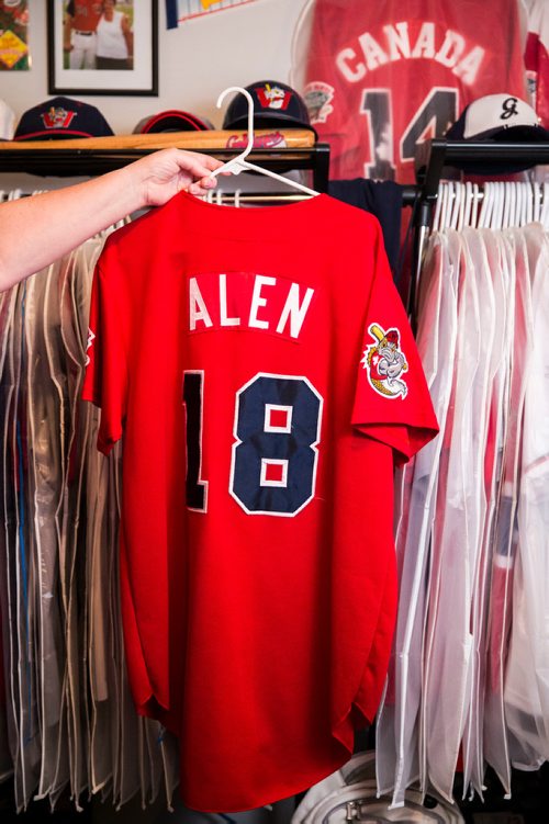 MIKAELA MACKENZIE / WINNIPEG FREE PRESS
Brenda Arnott in her basement, which is devoted to Goldeyes paraphernalia, in Winnipeg on Friday, June 22, 2018. 
Mikaela MacKenzie / Winnipeg Free Press 2018.