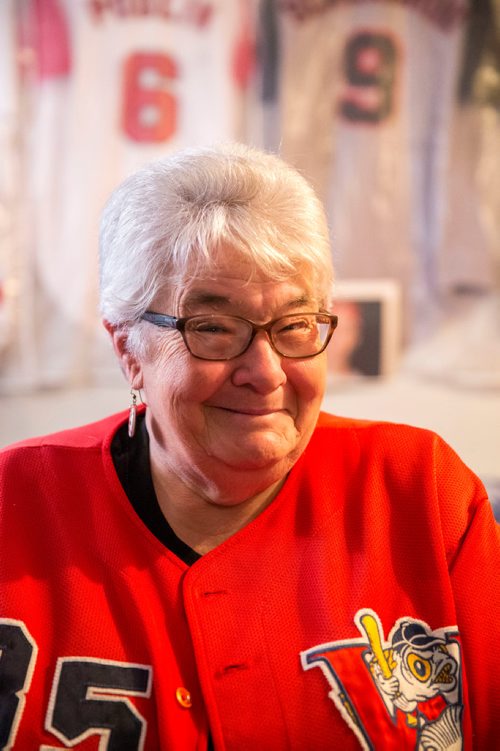 MIKAELA MACKENZIE / WINNIPEG FREE PRESS
Brenda Arnott in her basement, which is devoted to Goldeyes paraphernalia, in Winnipeg on Friday, June 22, 2018. 
Mikaela MacKenzie / Winnipeg Free Press 2018.