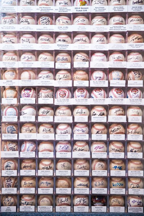 MIKAELA MACKENZIE / WINNIPEG FREE PRESS
Brenda Arnott in her basement, which is devoted to Goldeyes paraphernalia, in Winnipeg on Friday, June 22, 2018. 
Mikaela MacKenzie / Winnipeg Free Press 2018.