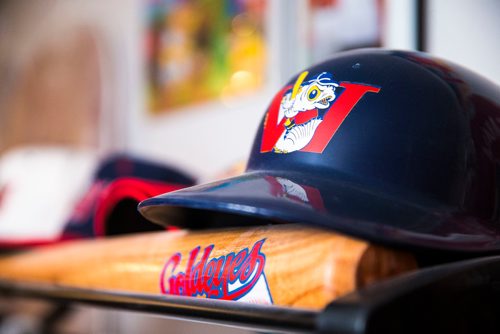 MIKAELA MACKENZIE / WINNIPEG FREE PRESS
Brenda Arnott in her basement, which is devoted to Goldeyes paraphernalia, in Winnipeg on Friday, June 22, 2018. 
Mikaela MacKenzie / Winnipeg Free Press 2018.