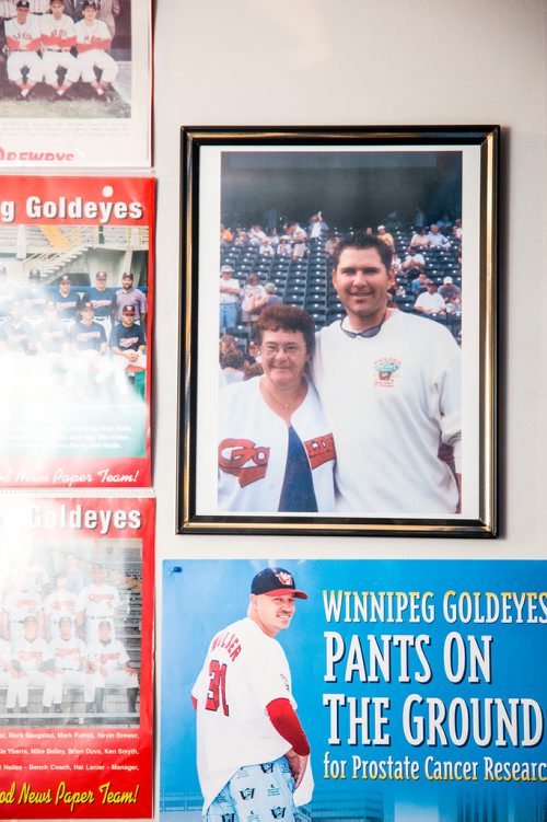 MIKAELA MACKENZIE / WINNIPEG FREE PRESS
Brenda Arnott in her basement, which is devoted to Goldeyes paraphernalia, in Winnipeg on Friday, June 22, 2018. 
Mikaela MacKenzie / Winnipeg Free Press 2018.