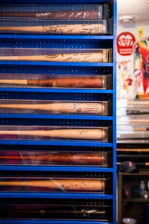 MIKAELA MACKENZIE / WINNIPEG FREE PRESS
Brenda Arnott in her basement, which is devoted to Goldeyes paraphernalia, in Winnipeg on Friday, June 22, 2018. 
Mikaela MacKenzie / Winnipeg Free Press 2018.