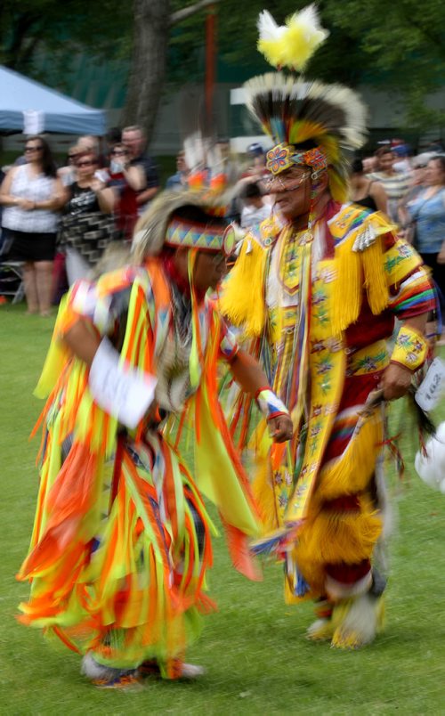 TREVOR HAGAN / WINNIPEG FREE PRESS
Competitors in the grass dancing category, at the Pow Wow during Indigenous Day Live at The Forks, Saturday, June 23, 2018.