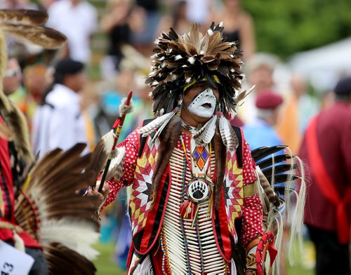 TREVOR HAGAN / WINNIPEG FREE PRESS
Jeff Houle, a participant in the men's traditional category, in the Pow Wow during Indigenous Day Live at The Forks, Saturday, June 23, 2018.