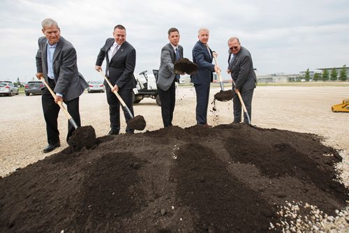 MIKE DEAL / WINNIPEG FREE PRESS
(from left) Don Snodgrass president of construction firm Con-Pro, Pascal Bélanger VP and Chief Commercial Officer at Winnipeg Airports Authority, Winnipeg Mayor Brian Bowman, Barry Rempel CEO of the WAA and Ralph Eichler Manitoba Minister of Agriculture, were on hand during the ground breaking celebration for the Winnipeg Airports Authority's new $27 million Ground Services Equipment Building at the Winnipeg Richardson International Airport Monday morning.
180625 - Monday, June 25, 2018.