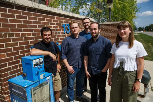 MIKE DEAL / WINNIPEG FREE PRESS
Summer interns at the Winnipeg Free Press, (l-r): Andrew Ryan, Erik Pindera, Taylor Allen, Ben Waldman, and Maggie Mackintosh.
180625 - Monday, June 25, 2018.