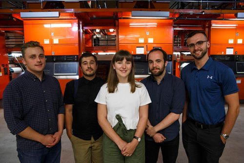 MIKE DEAL / WINNIPEG FREE PRESS
Summer interns at the Winnipeg Free Press, (l-r): Erik Pindera, Andrew Ryan, Maggie Mackintosh, Ben Waldman, and Taylor Allen.
180625 - Monday, June 25, 2018.