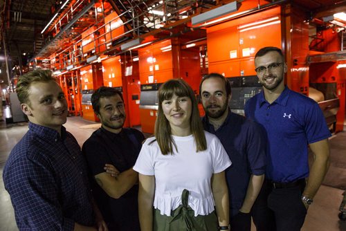 MIKE DEAL / WINNIPEG FREE PRESS
Summer interns at the Winnipeg Free Press, (l-r): Erik Pindera, Andrew Ryan, Maggie Mackintosh, Ben Waldman, and Taylor Allen.
180625 - Monday, June 25, 2018.