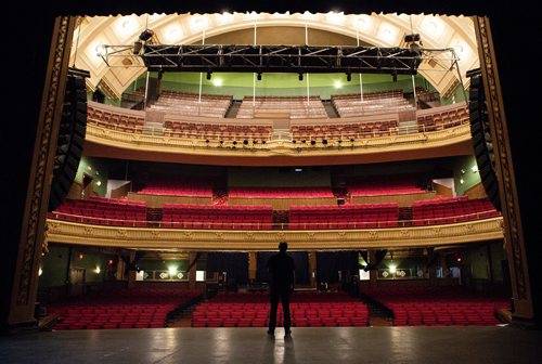 ANDREW RYAN / WINNIPEG FREE PRESS Kevin Donnely, Senior Vice President of True North Sports and Entertainment, stands at the edge of the stage at the Burton Cummings Theatre. The concert hall was once Odeon Cinema and dates back to the early twentieth century. Shot on June 21, 2018.