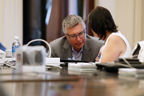 JOHN WOODS / WINNIPEG FREE PRESS
Kelvin Shepherd, President and CEO of Manitoba Hydro and Marina James, Chairperson of the Board of Manitoba Hydro confer as they present to the Standing Committee on Crown Corporations at the Manitoba Legislature in Winnipeg Monday, June 25, 2018.