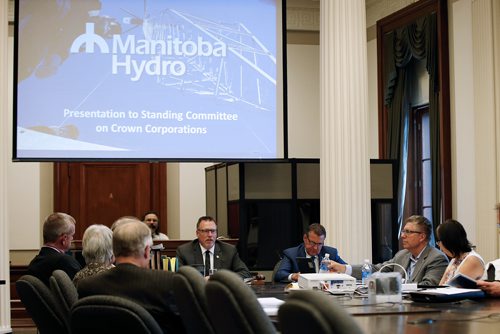 JOHN WOODS / WINNIPEG FREE PRESS
On the right, Kelvin Shepherd, President and CEO of Manitoba Hydro and Marina James, Chairperson of the Board of Manitoba Hydro present to the Standing Committee on Crown Corporations at the Manitoba Legislature in Winnipeg Monday, June 25, 2018.