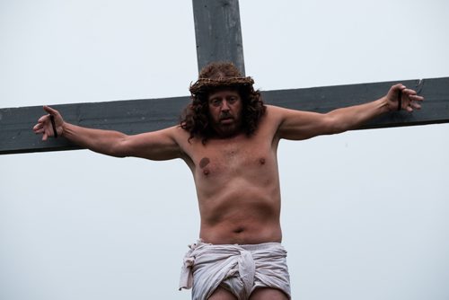 DANIEL CRUMP / WINNIPEG FREE PRESS
In its 19th season, Oak Valley Productions Inc. will be presenting Passion Play, an account of Jesus Christs final days. The play is staged in an outdoor theatre located 1 km east of La Riviere. 2018 performance dates are July 7, 8, 13-15. 
Bill Theissen, who portrays Jessu Christ, hangs on the cross during dress rehearsal Saturday, June 16, 2018.