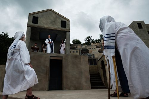 DANIEL CRUMP / WINNIPEG FREE PRESS
In its 19th season, Oak Valley Productions Inc. will be presenting Passion Play, an account of Jesus Christs final days. The play is staged in an outdoor theatre located 1 km east of La Riviere. 2018 performance dates are July 7, 8, 13-15. 
Dress rehearsal: Pontus Pilate address a crowd as Jesus (Bill Theissen) waits to learn his fate. Saturday, June 16, 2018.
