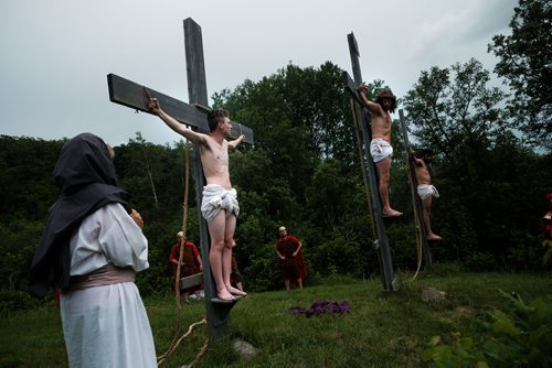 DANIEL CRUMP / WINNIPEG FREE PRESS
In its 19th season, Oak Valley Productions Inc. will be presenting Passion Play, an account of Jesus Christs final days. The play is staged in an outdoor theatre located 1 km east of La Riviere. 2018 performance dates are July 7, 8, 13-15. 
Dress rehearsal: Bill Theissen (on centre cross), portraying Jesus Christ, speaks with his Heavenly Father and asks forgiveness for those who have crucified him moments before his death. Saturday, June 16, 2018.