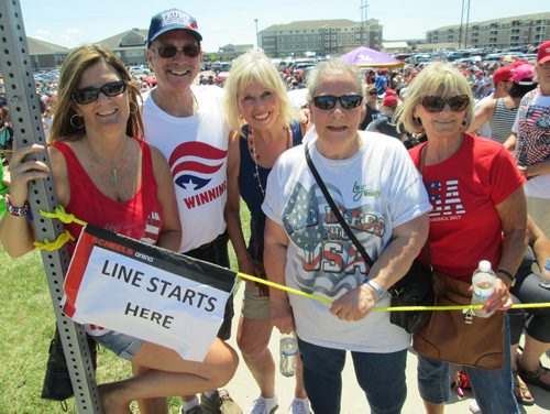 ADAM TREUSCH / WINNIPEG FREE PRESS
Sheri Paulson (from left), Don Barcome Jr., Patrice Boss, Linda Eide and Sue Schroeder were at the front of the line to attend U.S. Donald Trump's rally in Fargo, N.D., tonight. June 27, 2018