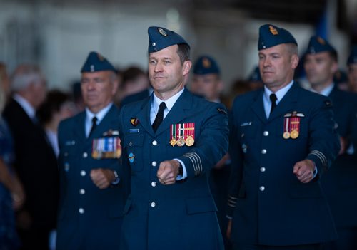 ANDREW RYAN / WINNIPEG FREE PRESS Incoming 17 Wing Commander Colonel J.P.E. Charron leads the parade after taking command on June 28, 2018.