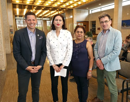 JASON HALSTEAD / WINNIPEG FREE PRESS

Mayor Brian Bowman, Romona Goomansingh (U of T Education and event organizer), Mona Goomansingh and St. Vital Ward Coun. Brian Mayes (U of T masters of industrial relations and U of T law) at Winnipeg city hall as the University of Toronto Alumni Association's Winnipeg chapter took part in a tour on June 9, 2018. (See Social Page)