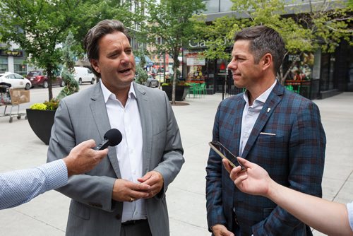 MIKE DEAL / WINNIPEG FREE PRESS
Stefano Grande, CEO of the Downtown Winnipeg BIZ and Winnipeg Mayor Brian Bowman talk about the Downtown Night Market which will be held at the Graham Mall between Kennedy and Edmonton from 4pm to 11pm.
180629 - Friday, June 29, 2018.