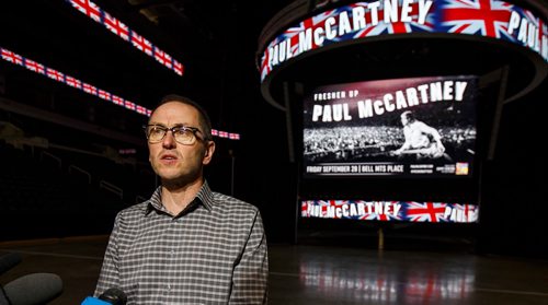MIKE DEAL / WINNIPEG FREE PRESS
Kevin Donnelly speaks about the return of Paul McCartney to Winnipeg, Tuesday morning at the Bell MTS Place.
180703 - Tuesday, July 03, 2018.
