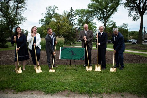 ANDREW RYAN / WINNIPEG FREE PRESS Dignitaries dig in at the sod turning ceremony signifying the beginning of construction of the new Royal Winnipeg Rifles Memorial at Vimy Ridge Park on July 3, 2018. From left is Pamela Shaw, representative for the department of Veterans Affairs, Megan Tate, director of community grants of the Winnipeg Foundation, mayor Brian Bowman, Ray Crabbe, president of the Royal Winnipeg Rifles Foundation, Emoke Szathmary, honorary Colonel, and Albert Eltassi, honorary Lieutenant Colonel.