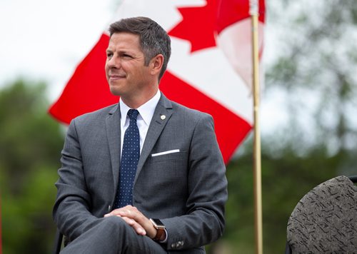 ANDREW RYAN / WINNIPEG FREE PRESS Mayor Brian Bowman listening to speeches at the sod turning ceremony signifying the beginning of construction of the new Royal Winnipeg Rifles Memorial at Vimy Ridge Park on July 3, 2018