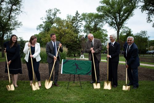 ANDREW RYAN / WINNIPEG FREE PRESS Dignitaries dig in at the sod turning ceremony signifying the beginning of construction of the new Royal Winnipeg Rifles Memorial at Vimy Ridge Park on July 3, 2018. From left is Pamela Shaw, representative for the department of Veterans Affairs, Megan Tate, director of community grants of the Winnipeg Foundation, mayor Brian Bowman, Ray Crabbe, president of the Royal Winnipeg Rifles Foundation, Emoke Szathmary, honorary Colonel, and Albert Eltassi, honorary Lieutenant Colonel.