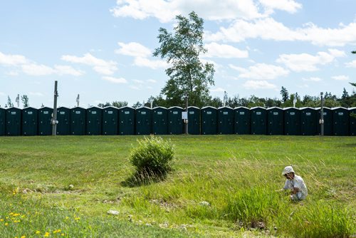 ANDREW RYAN / WINNIPEG FREE PRESS A man pulls weeds in front of the line of portable bathrooms adjacent to the main stage at the Folkfest grounds in Birds Hill Provincial Park on July 4, 2018.