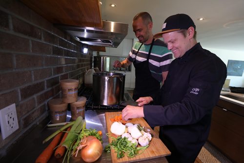 RUTH BONNEVILLE / WINNIPEG FREE PRESS
Ryan Wiebe (Tall) and Shawn Vidal of Bones & Marrow Broth Co. run a company that makes bone broth, which is a big now. Its on tap at Grey Owl and available at Millers Meats and some natural health spots and chiropractic offices.
See Jill Wilson Story.
July 05, 2018