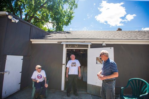 MIKAELA MACKENZIE / WINNIPEG FREE PRESS
David Harder (centre), St Boniface Bag Co owner, chats with friends Richard Chamberland (left) and Gerry Berube at his shop in Winnipeg on Thursday, July 5, 2018. The company has been up and running since 1949, and in Harder's family since 1951.
Mikaela MacKenzie / Winnipeg Free Press 2018.