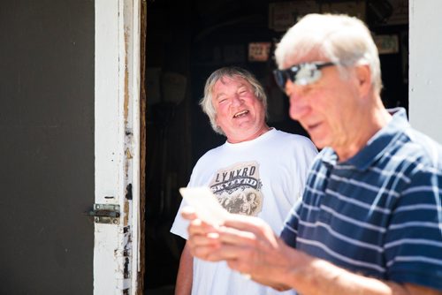 MIKAELA MACKENZIE / WINNIPEG FREE PRESS
David Harder , St Boniface Bag Co owner, chats with friends at his shop in Winnipeg on Thursday, July 5, 2018. The company has been up and running since 1949, and in Harder's family since 1951.
Mikaela MacKenzie / Winnipeg Free Press 2018.