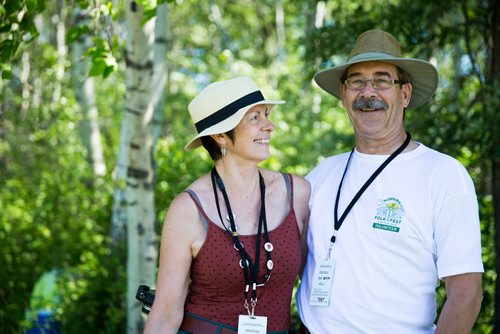 MIKAELA MACKENZIE / WINNIPEG FREE PRESS
Long-time volunteers Janet Wosney and Bob Tinker pose at the Winnipeg Folk Fest in Bird's Hill Provincial Park on Friday, July 6, 2018. 
Mikaela MacKenzie / Winnipeg Free Press 2018.