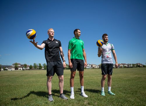ANDREW RYAN / WINNIPEG FREE PRESS Casey Schouten, left, Ken Rooney, centre, and Luke Herr have been playing volleyball together since they were teenagers and have now signed to play with a team in Germany. Shot on July 6, 2018.