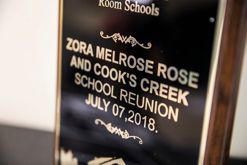 MIKAELA MACKENZIE / WINNIPEG FREE PRESS
A plaque stands in a display set up for a reunion of four former one-room school houses in the area (Zora School, Melrose East, Melrose West, and Cook's Creek) at the Immaculate Conception Church of Cooks Creek on Friday, July 6, 2018. 
Mikaela MacKenzie / Winnipeg Free Press 2018.