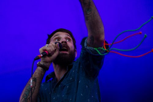 ANDREW RYAN / WINNIPEG FREE PRESS Simon Ward, lead singer of The Strumbellas, sings during their performance on the main stage at Winnipeg Folk Fest in Birds Hill Provincial Park on July 6, 2018.