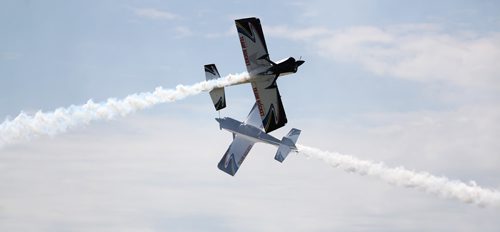 TREVOR HAGAN / WINNIPEG FREE PRESS
Eric Hanson and Ken Fowler make up Team Rocket, during the Manitoba Airshow at Southport near Portage la Prairie, Sunday, July 8, 2018.