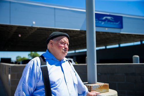 MIKAELA MACKENZIE / WINNIPEG FREE PRESS
Frank Bruce, who is headed to Thunder Bay on the bus today, poses for a portrait at the Greyhound bus terminal at the Winnipeg airport on Monday, July 9, 2018. Greyhound is cutting all of their prairie services this October.
Mikaela MacKenzie / Winnipeg Free Press 2018.