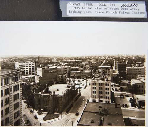 Archives of Manitoba
From the Peter McAdam Collection
1935 Aerial view of Notre Dame Avenue looking west with the Grace Church and Walker Theatre.