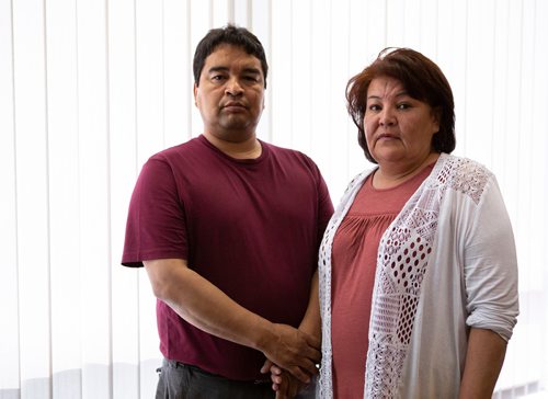 ANDREW RYAN / WINNIPEG FREE PRESS Jeanette and Tom Shaoullie pose for a portrait after a press conference informing the public of their missing son Russel Hyslop on July 10, 2018. Hyslop was last seen on June 19, 2018.