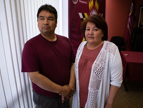 ANDREW RYAN / WINNIPEG FREE PRESS Jeanette and Tom Shaoullie pose for a portrait after a press conference informing the public of their missing son Russel Hyslop on July 10, 2018. Hyslop was last seen on June 19, 2018.